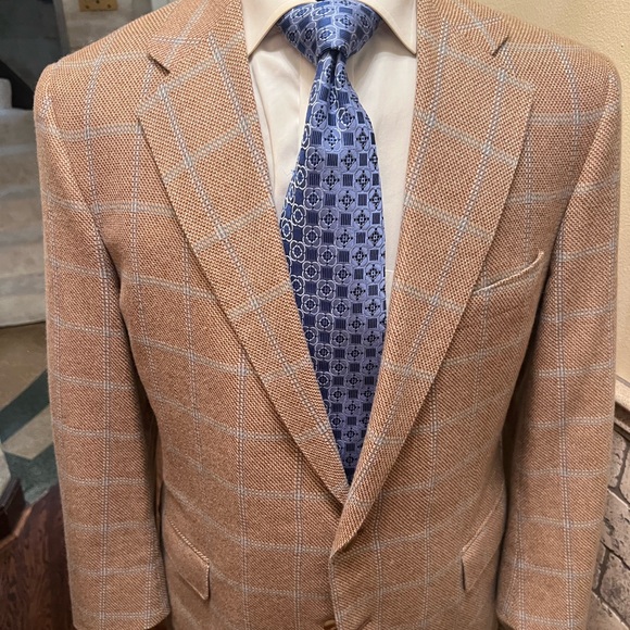 Custom Bespoke 100% Cashmere Windowpane Sport Coat Blazer Jacket Tan Men 42S - Picture 12 of 15